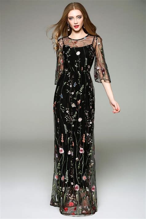 gucci black flower embroidered dress